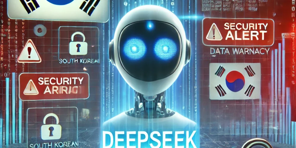 DALL·E 2025-02-18 09.51.30 - A futuristic digital landscape with an AI chatbot interface labeled 'DeepSeek' in the center, surrounded by floating data streams and security warning